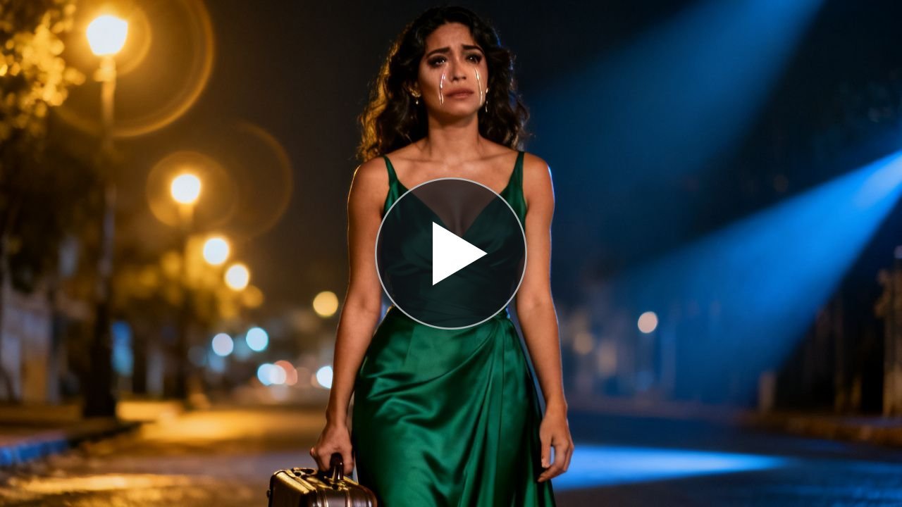 Mujer con vestido verde esmeralda junto a una maleta negra en la calle de noche esperando un vehículo