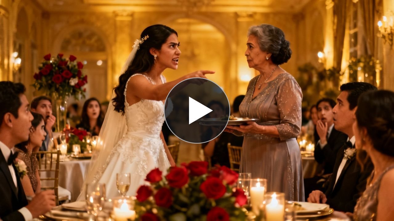 Novia humillando a una invitada mayor en una elegante fiesta de boda frente a otros invitados sorprendidos