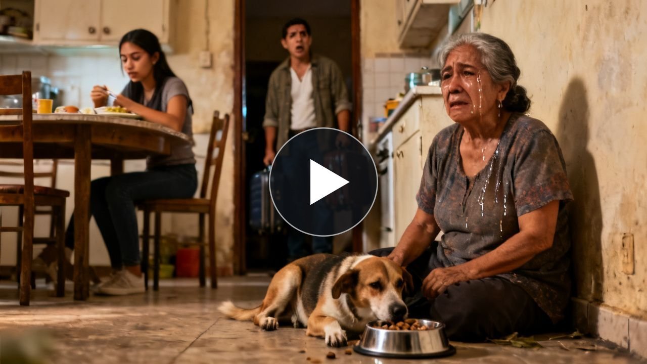 Doña Rosa sentada en el suelo de la cocina llorando frente al plato del perro mientras su nuera cena tranquilamente
