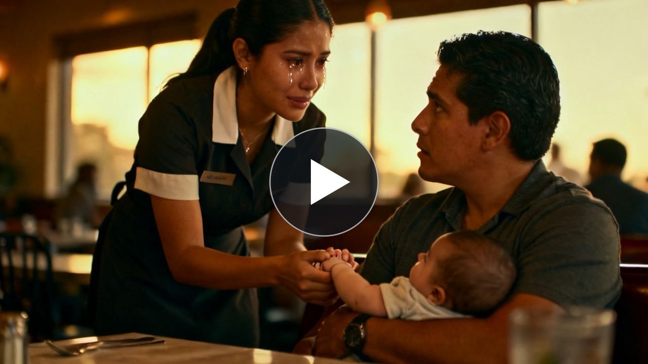Mesera sonriendo mientras un bebé dormido le sostiene el dedo en un restaurante familiar