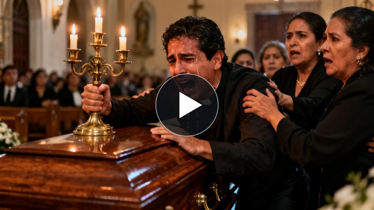 Hombre desesperado sosteniendo un candelabro frente al ataúd de madera en un velorio, mientras los presentes intentan detener