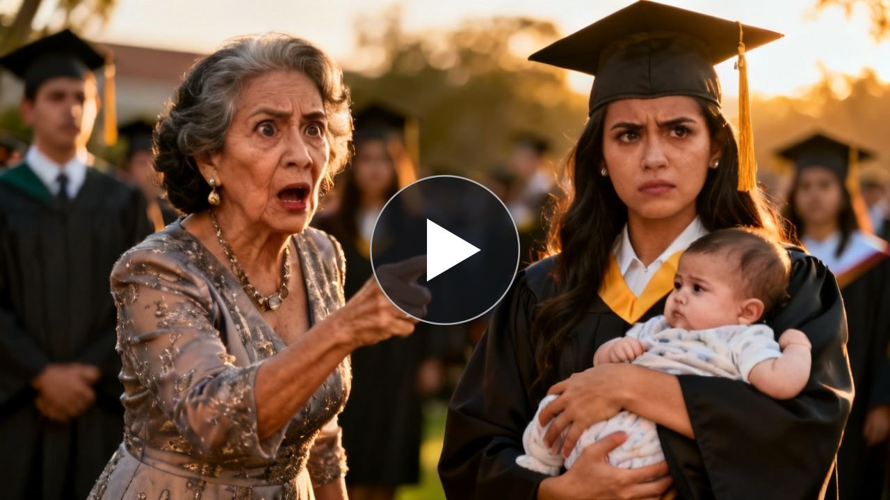 Joven graduada de enfermería sostiene a su bebé en brazos durante la ceremonia mientras una mujer mayor la observa desde el p