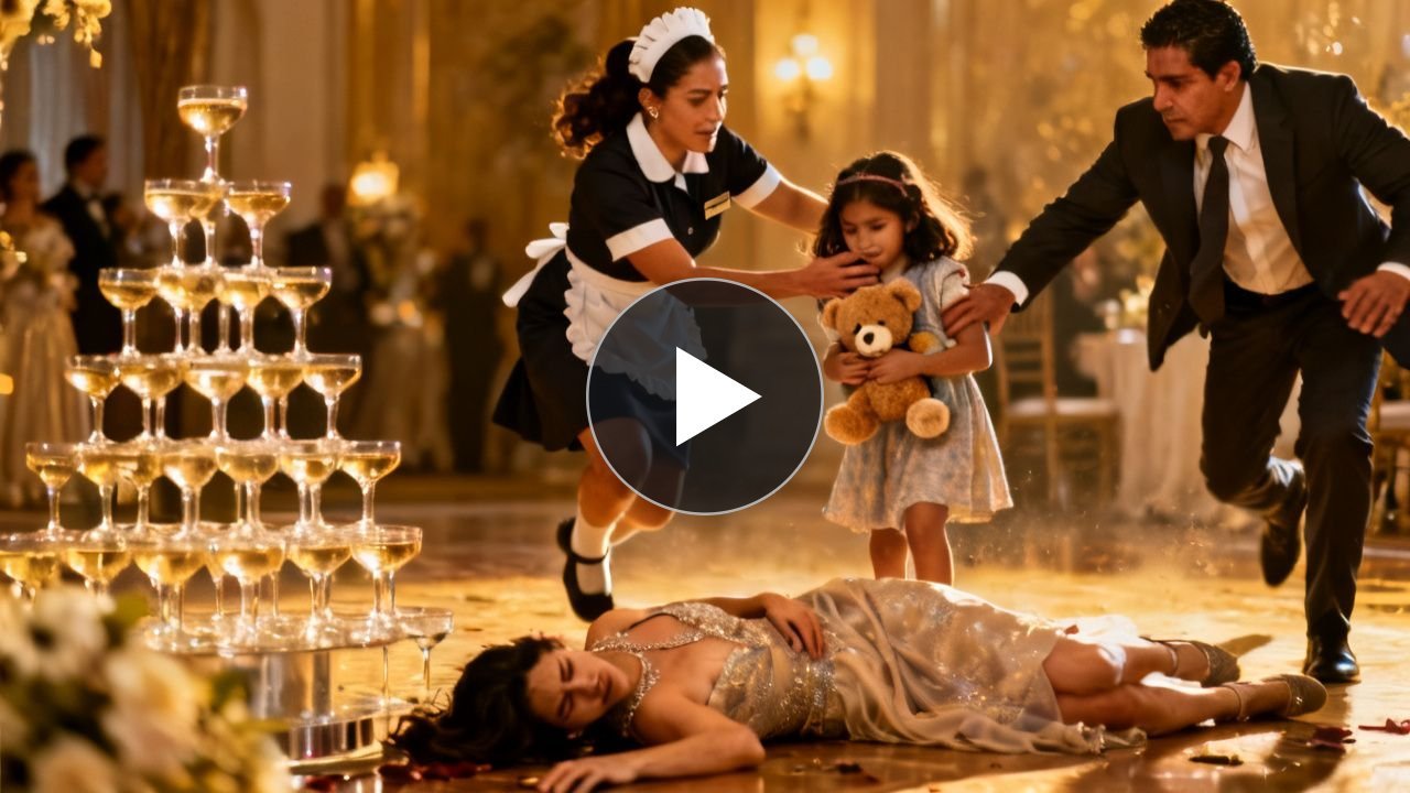Niña con osito de peluche señalando una jeringa en el suelo durante una fiesta elegante