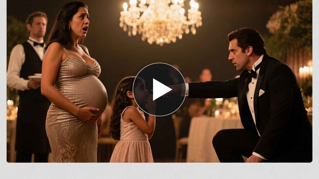 Niña de tres años señalando a una mujer embarazada en una elegante reunión de gala en un salón dorado