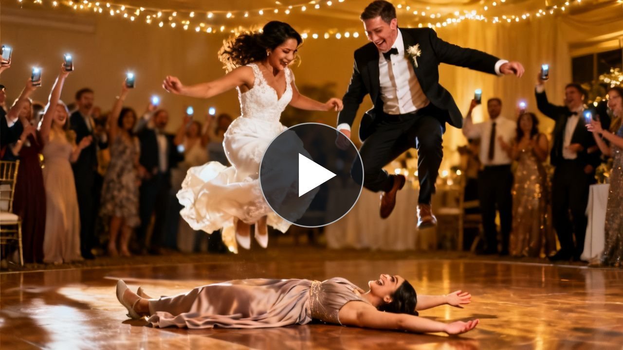Novia y novio saltando sobre su dama de honor acostada en la pista de baile durante la fiesta de bodas