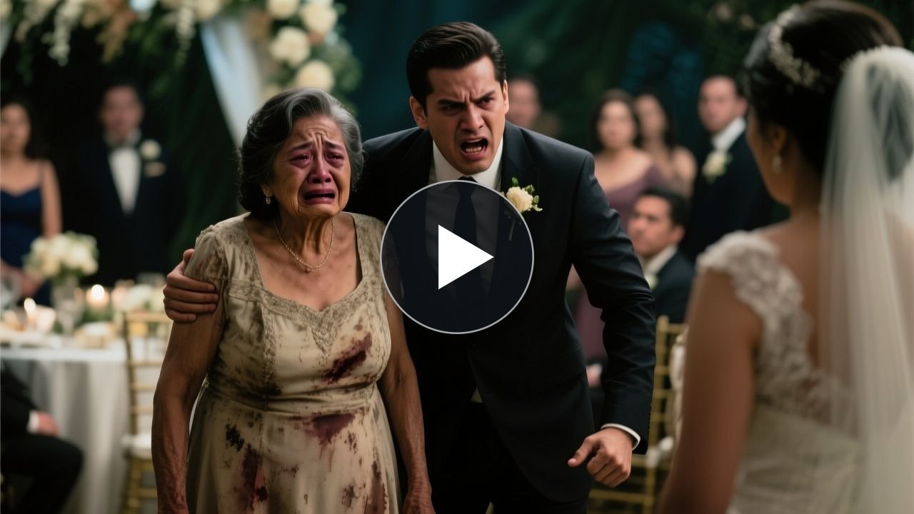 Novio arrodillado frente a su madre de vestido azul manchado en el salón de boda del Hotel Bellavista