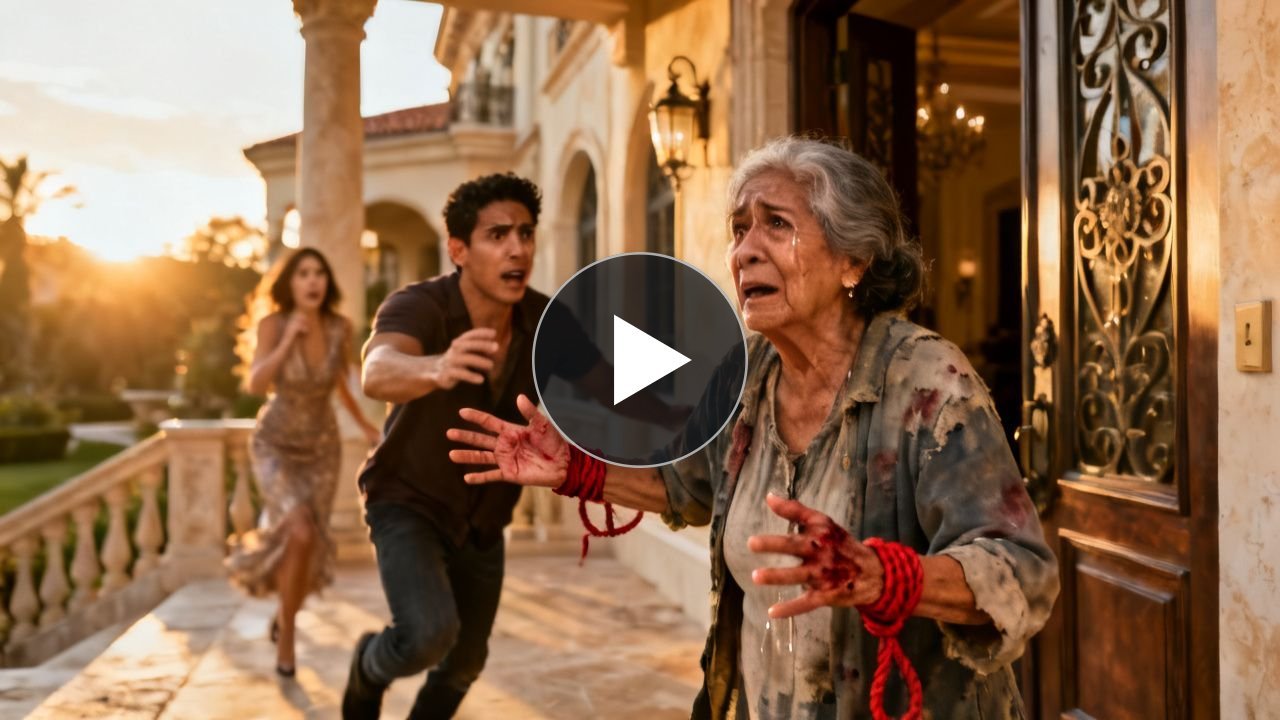 Anciana con abrigo gris y muñecas marcadas llamando a la puerta de una mansión