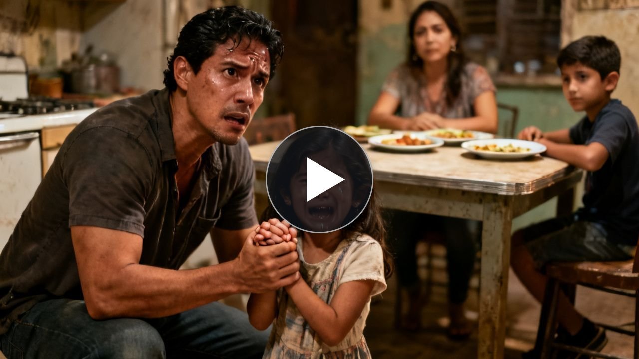 Padre agachado frente a su hija de siete años junto al canasto de basura, con el rostro de la niña sucio y asustado