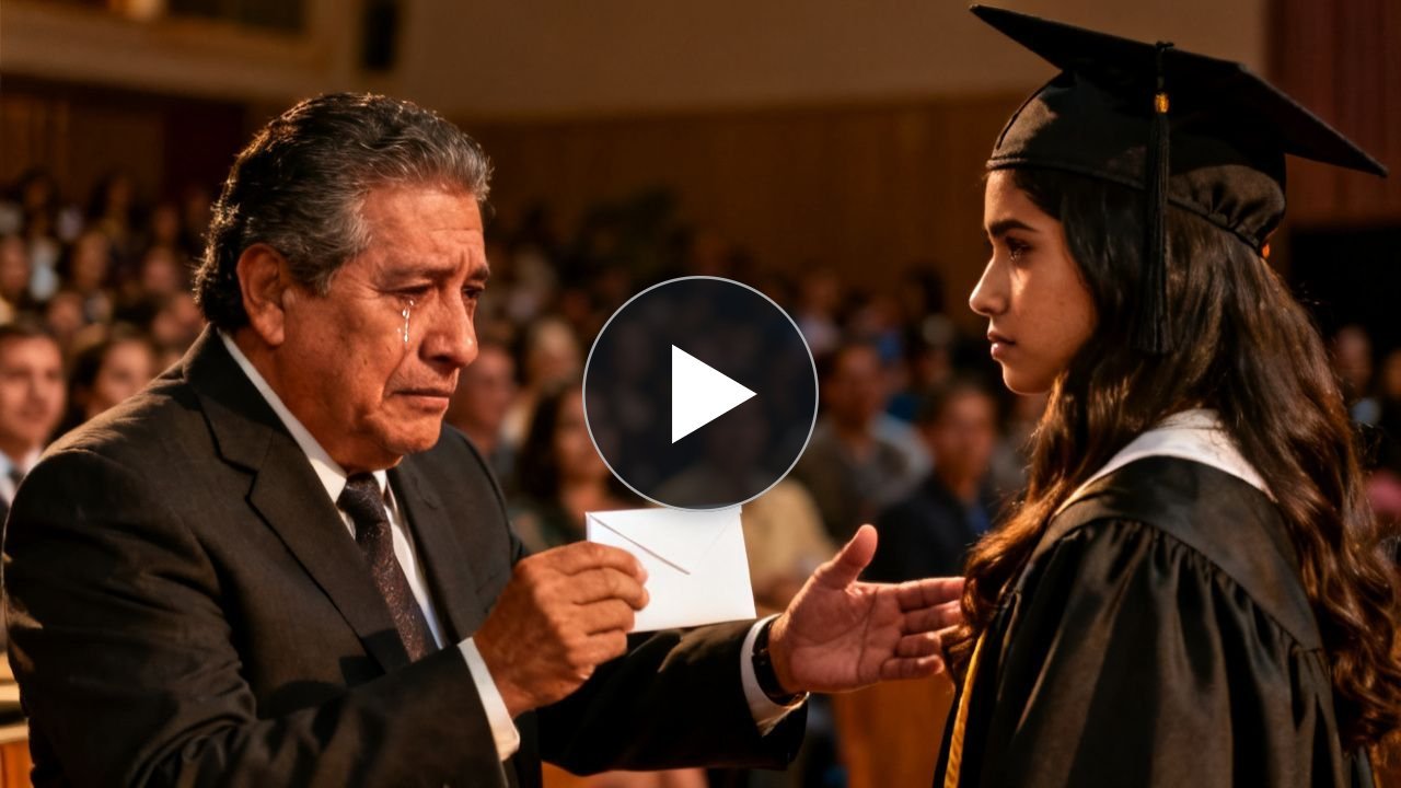 Padre mayor con camisa celeste sostiene rosas blancas mientras su hija graduada lo rechaza en la explanada del campus.