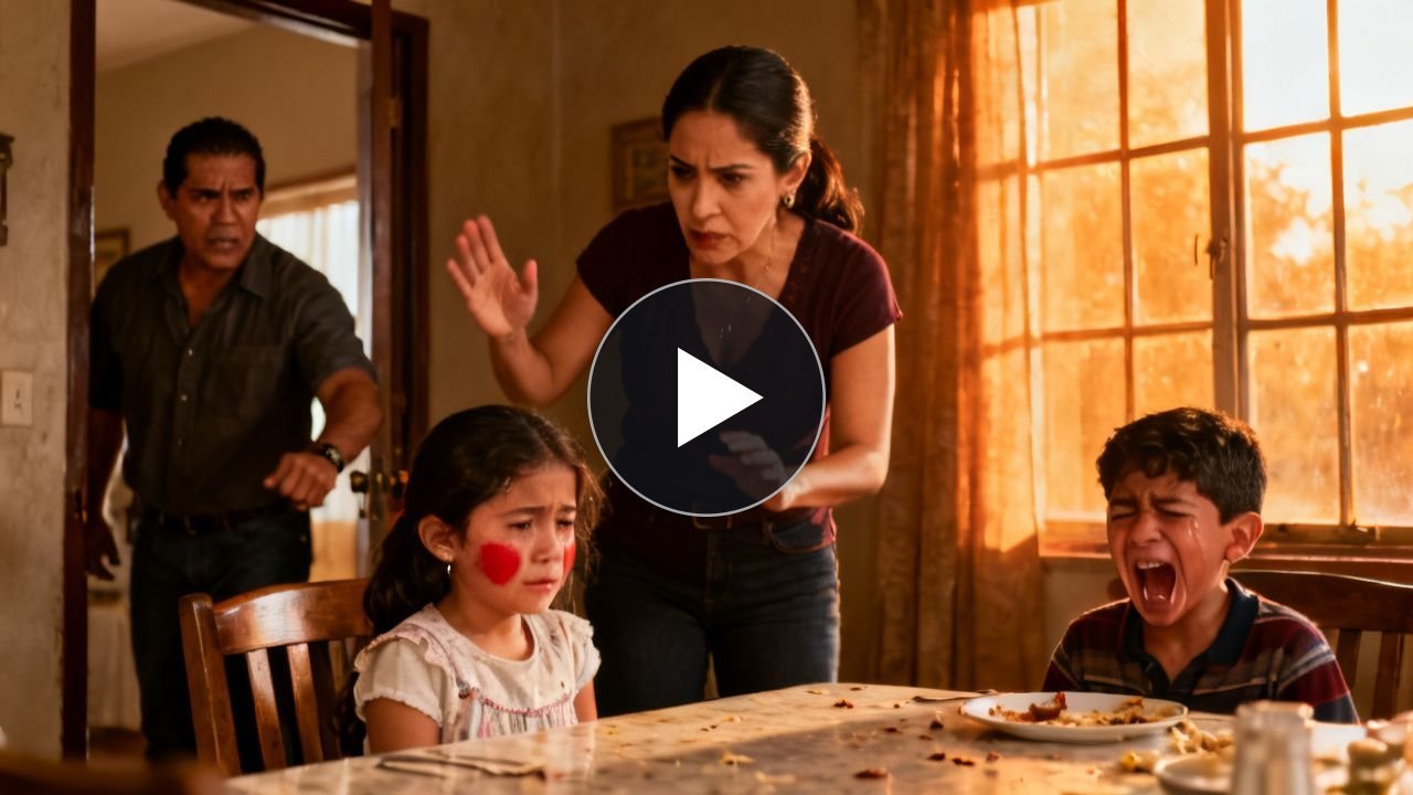 Mujer abofeteando a una niña pequeña en la mesa mientras un niño observa llorando
