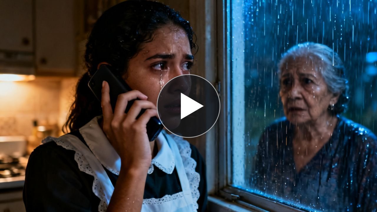 Mujer empujando a anciana por las escaleras bajo la lluvia mientras una empleada observa desde la ventana y llama por teléfon