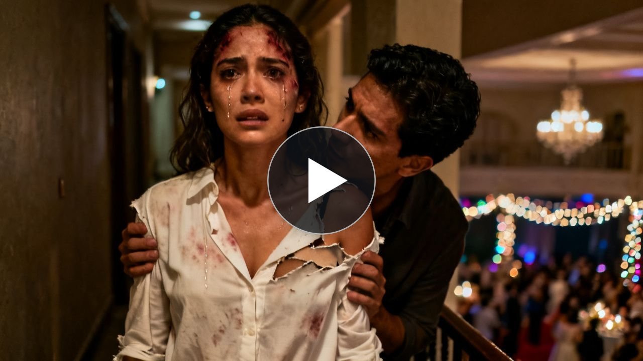 Mujer con blusa blanca arrugada y marca de manos en los hombros, llorando en un pasillo alfombrado de una fiesta de boda