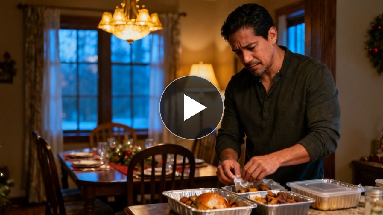Hombre empacando comida en recipientes desechables durante la cena de Acción de Gracias tras una discusión familiar