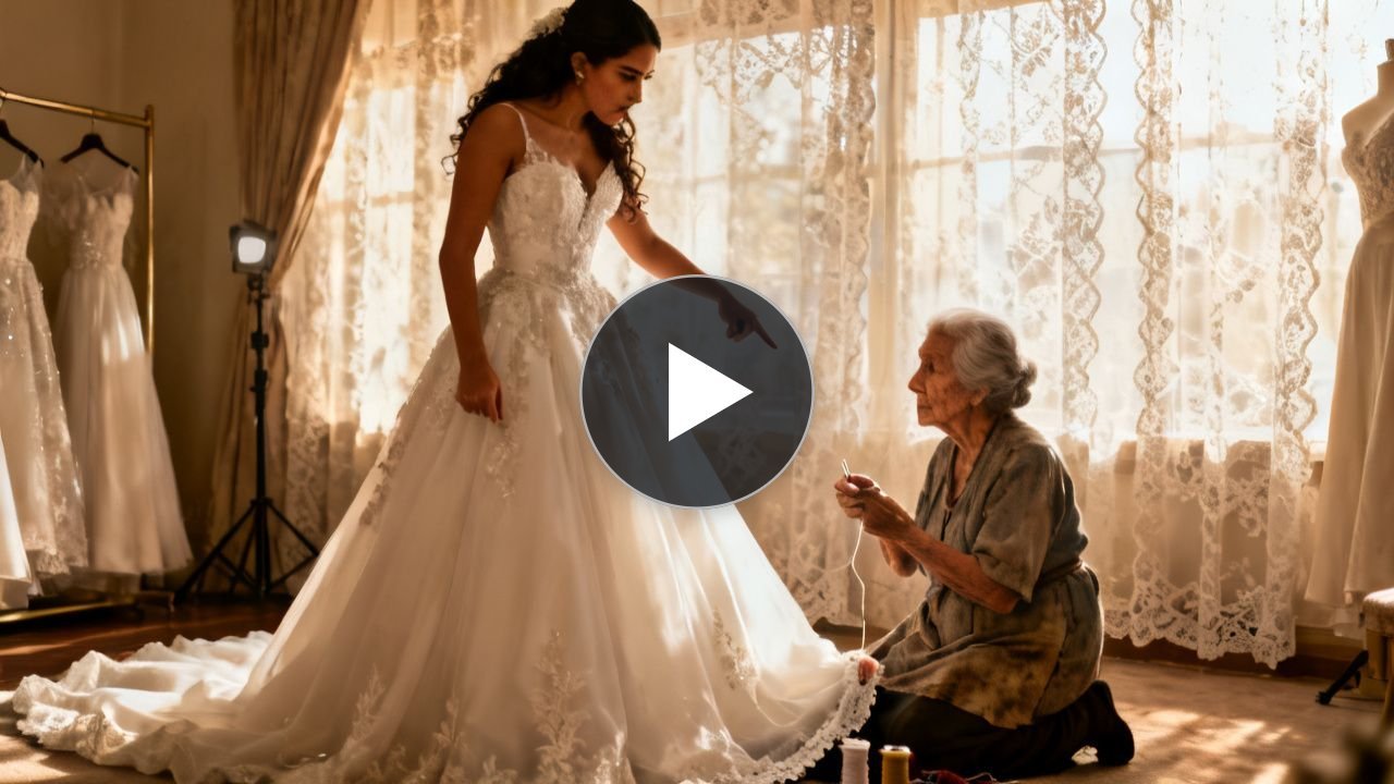 Costurera de 74 años cose a mano el vestido de novia mientras la novia la observa con desdén en el salón