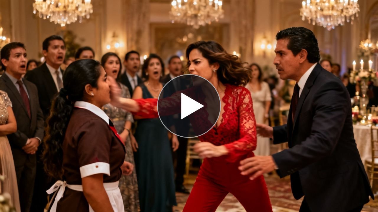 Mujer de vestido rojo levantando la mano para abofetear a una joven sirvienta en una elegante recepción