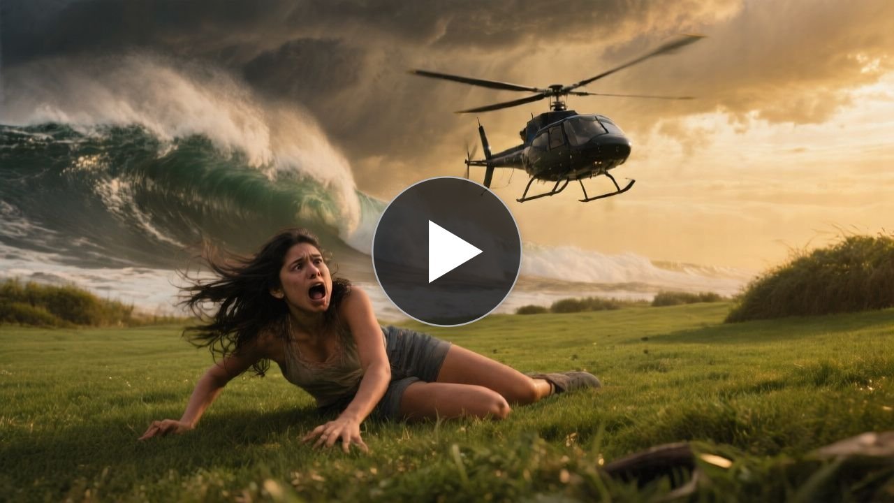 Mujer sola en el césped mirando cómo el helicóptero se aleja mientras una ola gigante se acerca a la costa