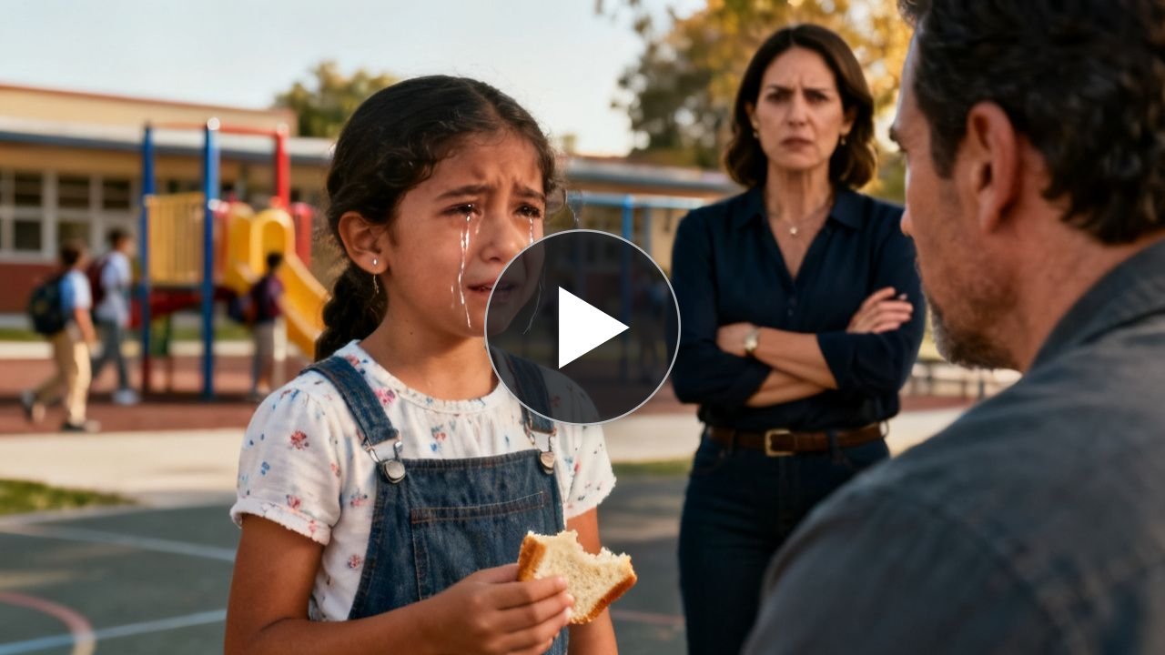 Niña con lágrimas en los ojos junto a su papá en el patio de la escuela tras ser descubierta robando comida