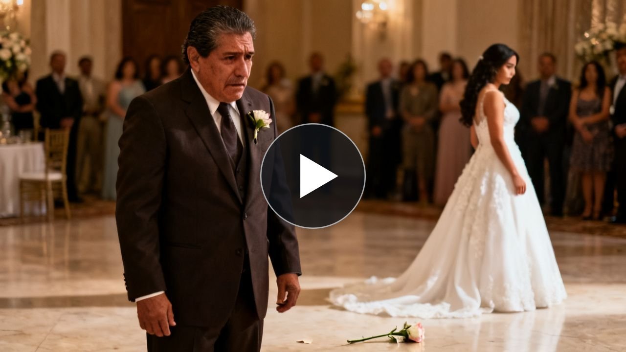 Padre con traje gris y flor blanca en la solapa frente a la novia que le arranca la flor durante la boda