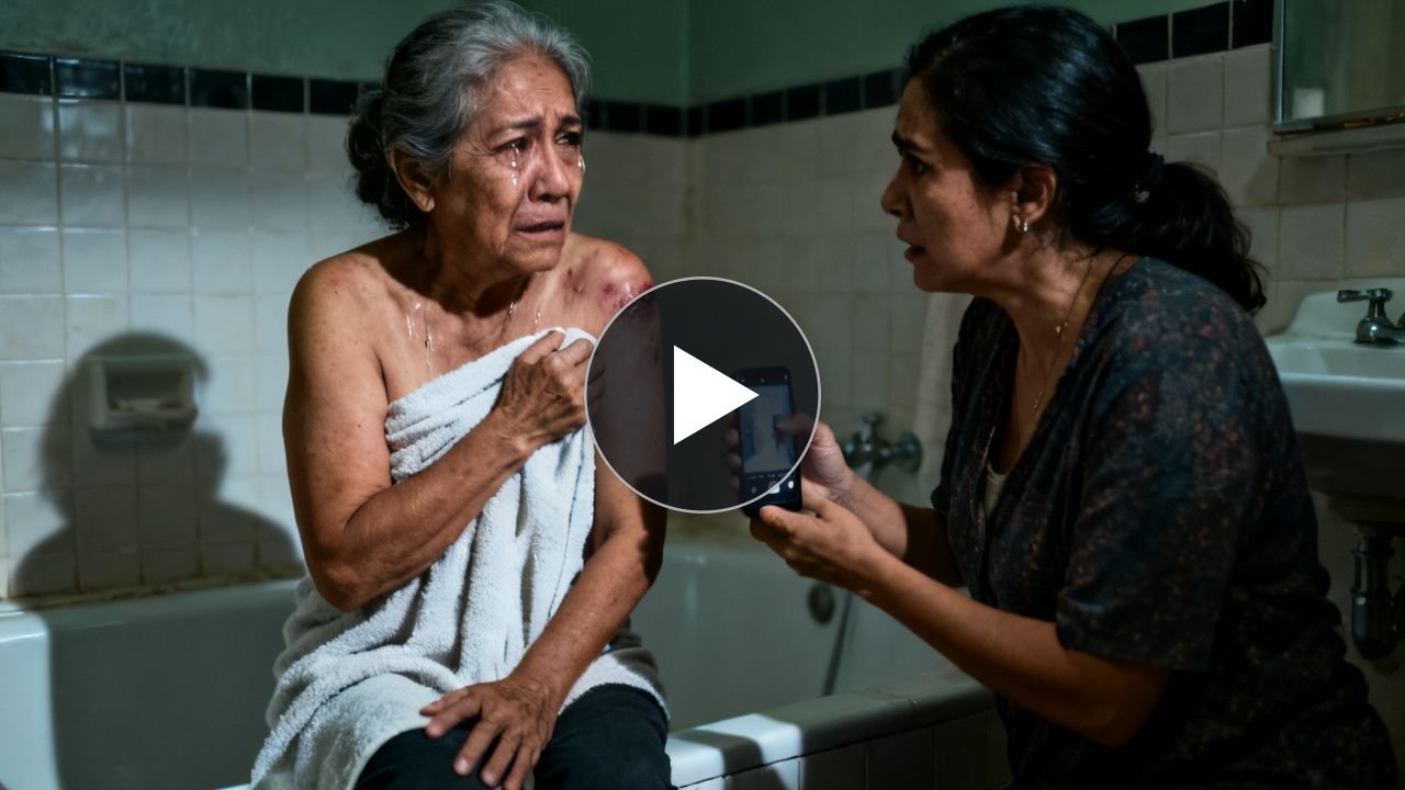 Anciana con moretones en el rostro y el brazo sentada en el baño mientras su hija la consuela
