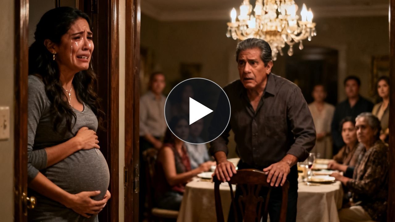 Lucía embarazada y empapada por la lluvia entra llorando a una cena elegante frente a su padre Martín y su esposa Helena