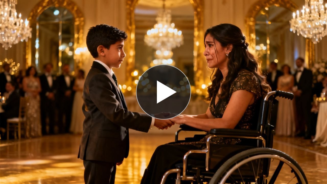 Niño de 7 años con traje azul marino extendiendo la mano a una mujer en silla de ruedas con vestido azul en una fiesta elegan