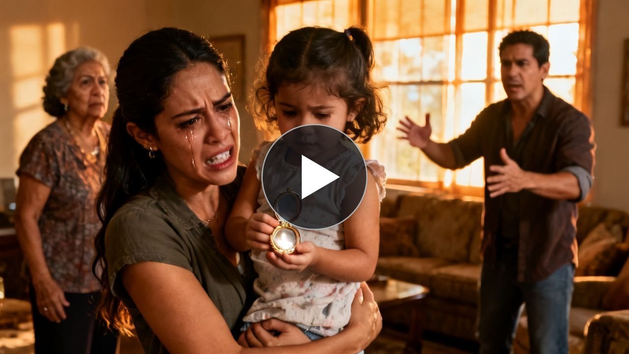 Madre abrazando a su hija pequeña mientras su suegra las observa con gesto severo en la sala de la casa