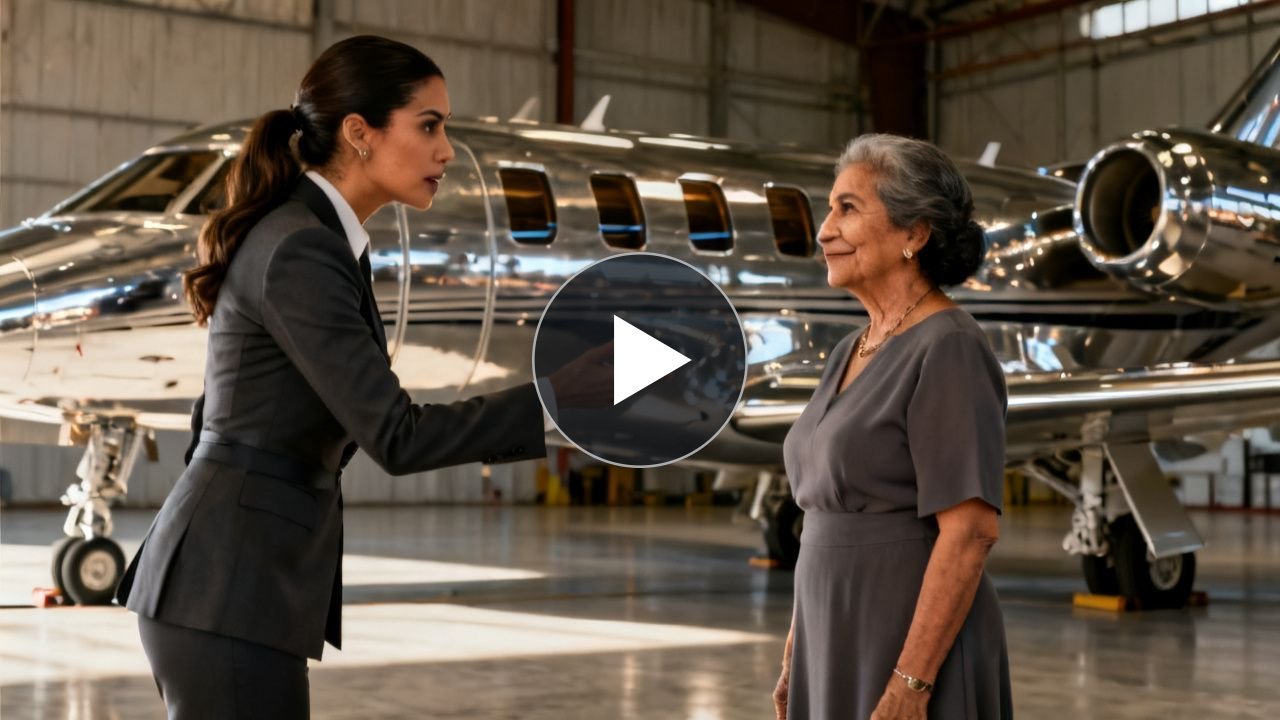 Señora de ropa sencilla junto a un jet privado blanco en un hangar, mientras una joven con tacones la observa con desprecio