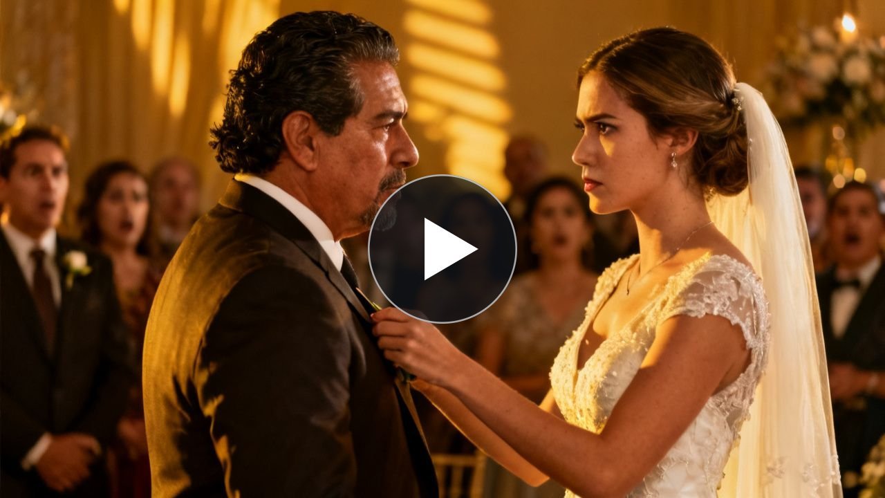 Novia arrancando la flor del traje de un hombre mayor durante la ceremonia de boda