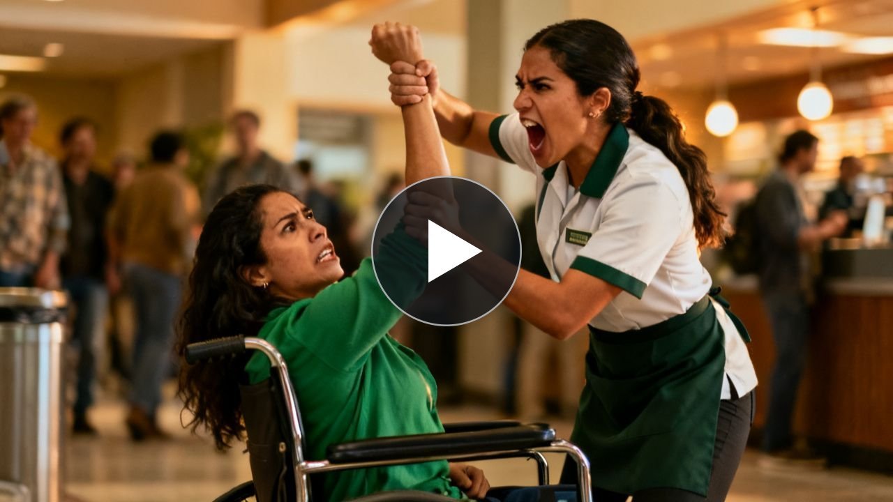 Empleada de uniforme verde sostiene el brazo de una mujer que intentaba abofetear a una anciana en silla de ruedas en un cent