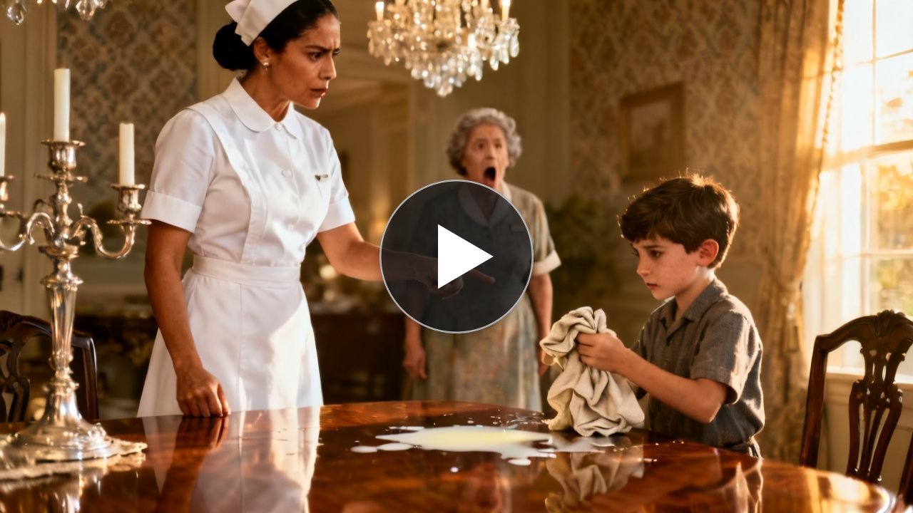 Niño limpiando la mesa con una servilleta después de derramar un vaso de leche