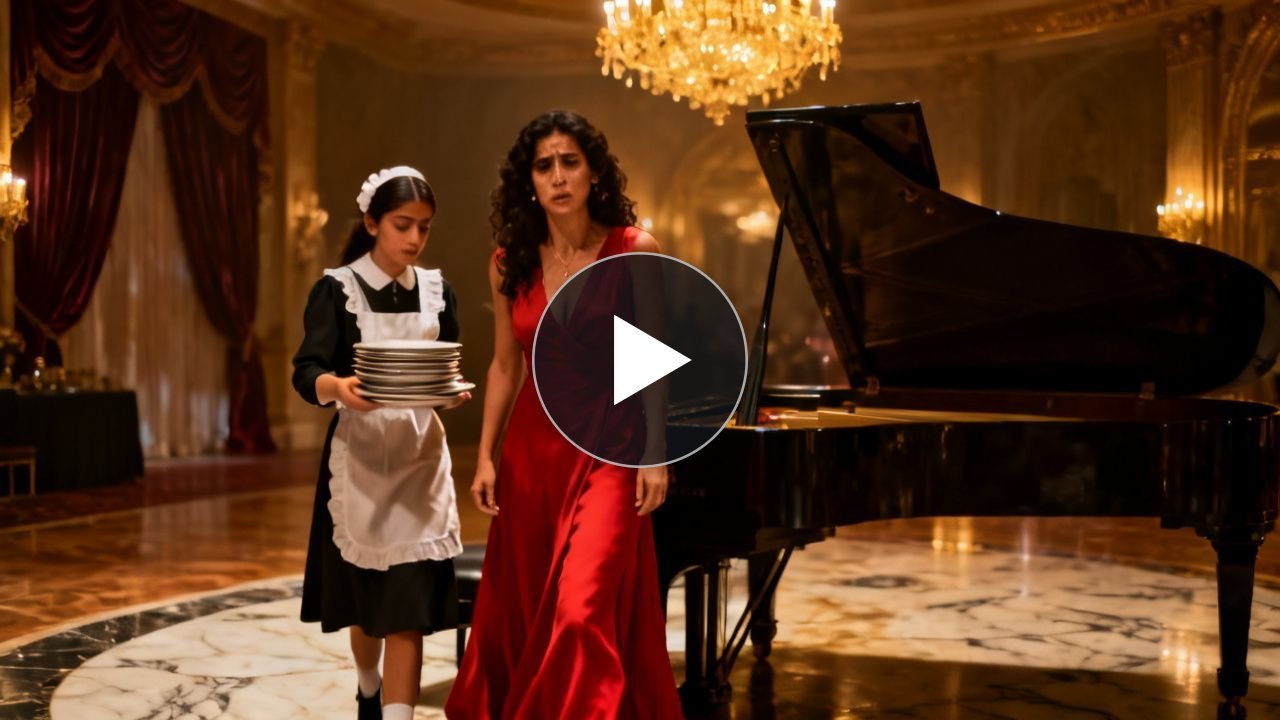 Niña con delantal blanco cargando platos frente al piano de cola donde una mujer de vestido rojo acaba de tocar