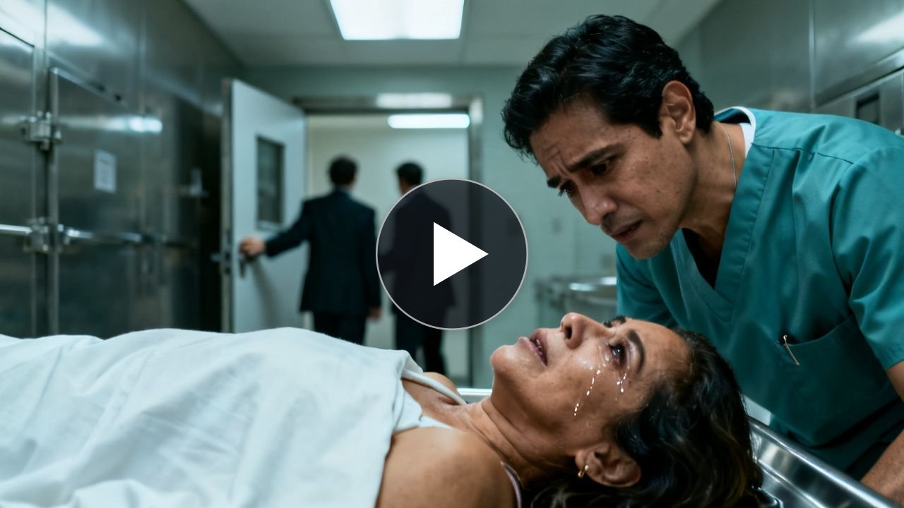 Mujer acostada en camilla de morgue con lágrimas en los ojos mientras un doctor y unos hombres de traje observan