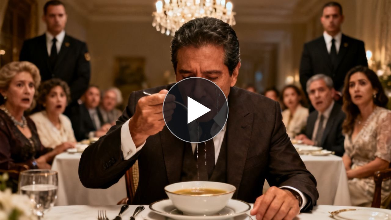 Chef joven con uniforme blanco frente a un hombre de traje que llora con los ojos llenos de lágrimas en una mesa elegante