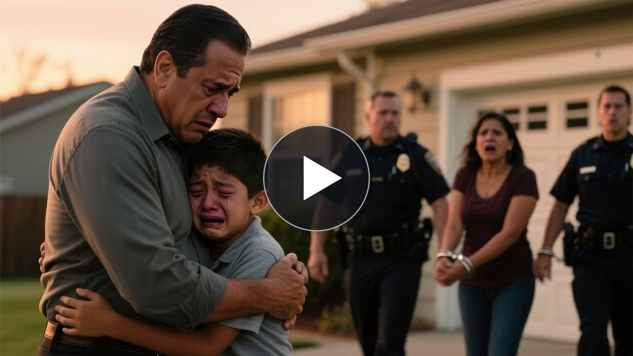 Maya esposada por la policía mientras el niño Ethan abraza al señor Hale suplicando por ella