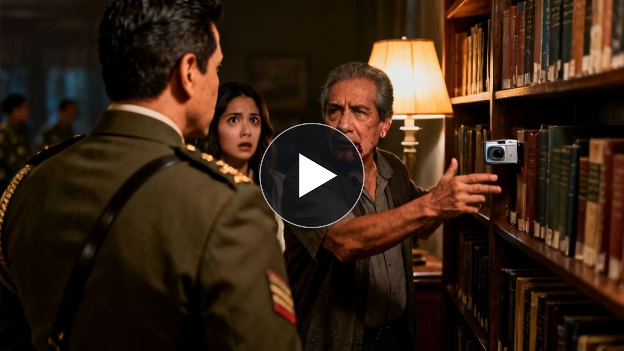 Coronel Andrés Mendoza observando la cámara oculta entre diccionarios en el librero del estudio de su padre