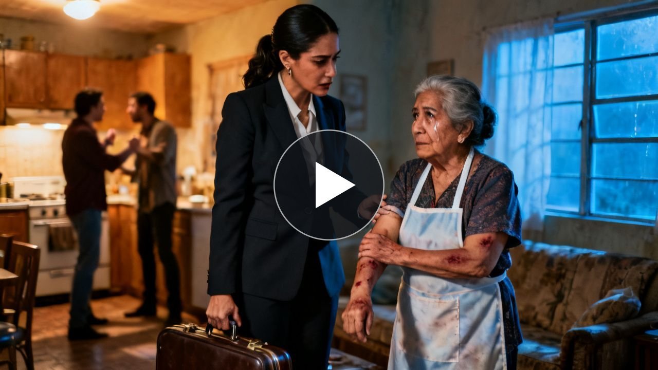 Mujer en traje oscuro abrazando a una anciana llamada Margaret en una cocina desordenada con niños