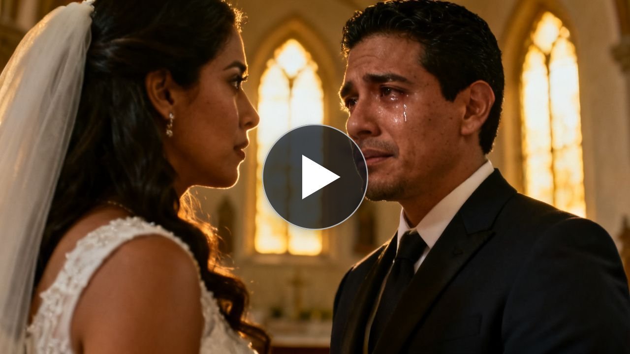 Novia con vestido blanco y velo frente a un hombre en traje gris durante la ceremonia en una iglesia de barrio