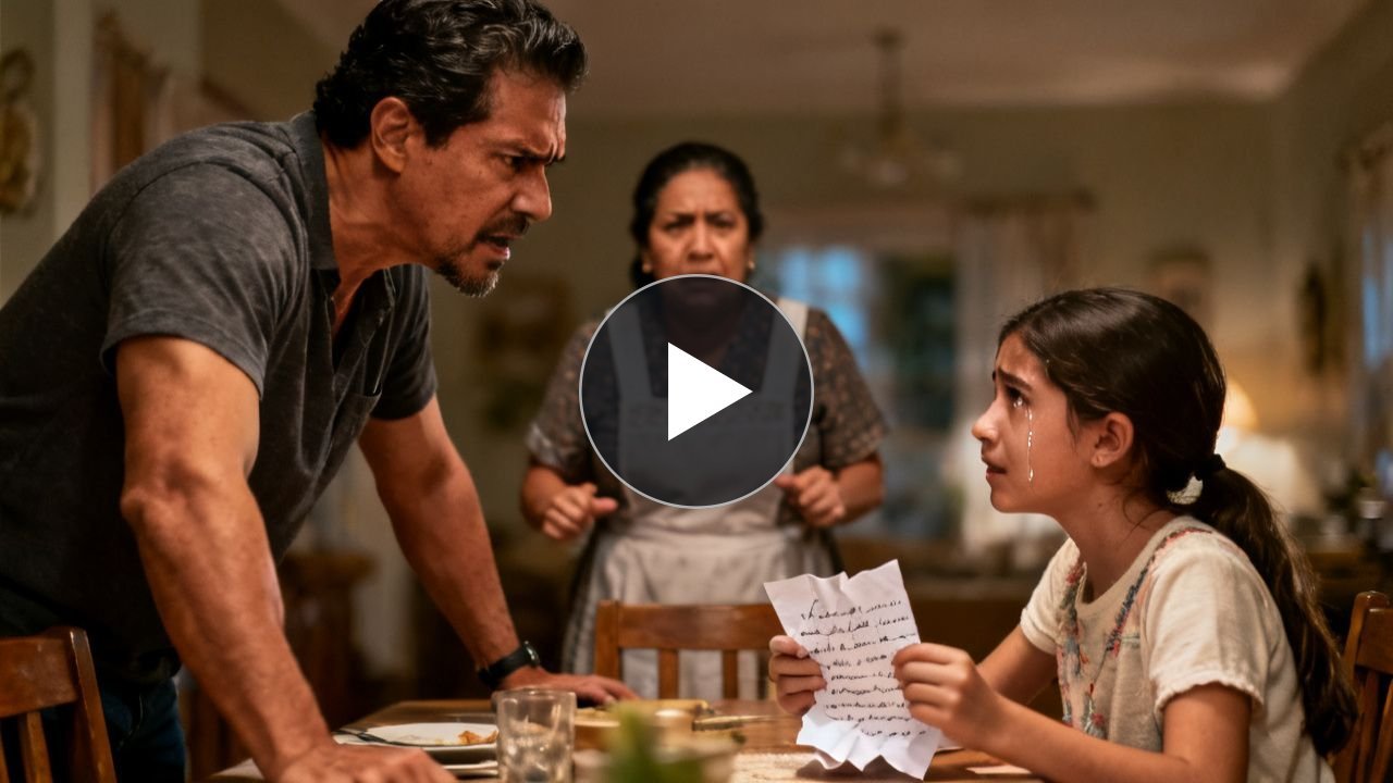 Niña de trenzas deshechas mostrando un papel arrugado a su papá durante la cena familiar en Ciudad de México