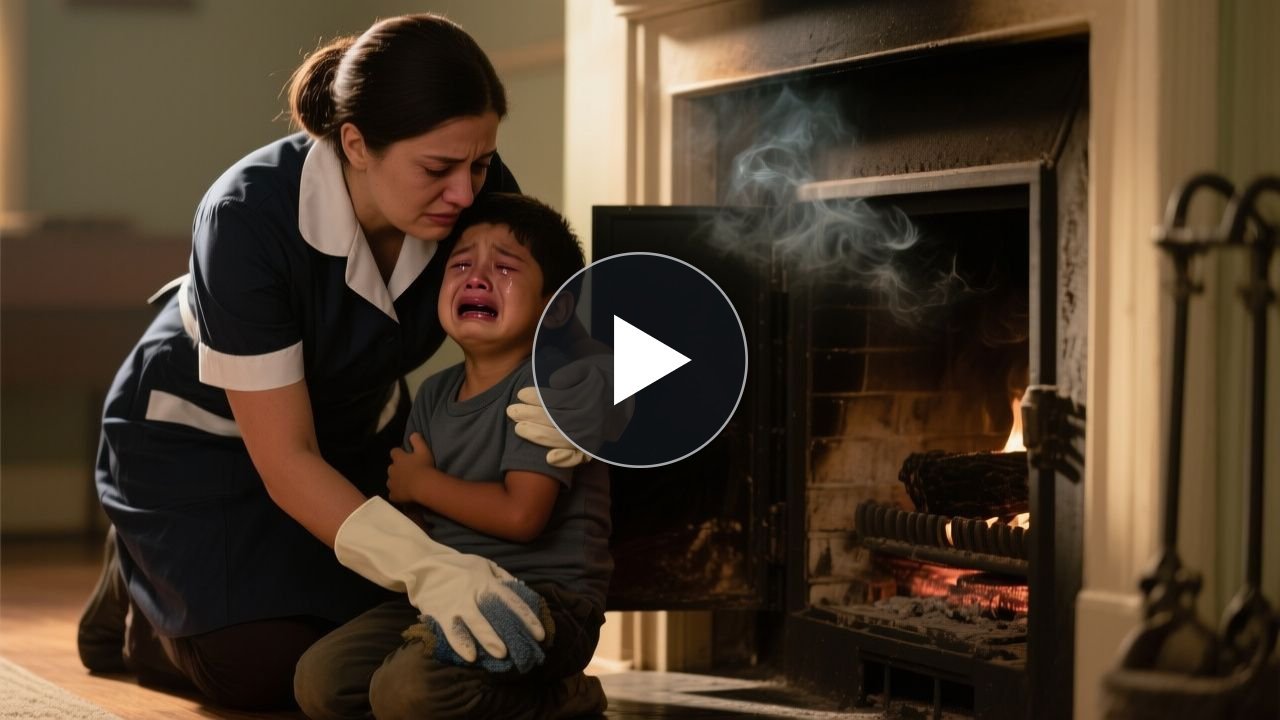 Trabajadora de limpieza con guantes amarillos consuela a un niño pequeño encontrado dentro de una chimenea antigua