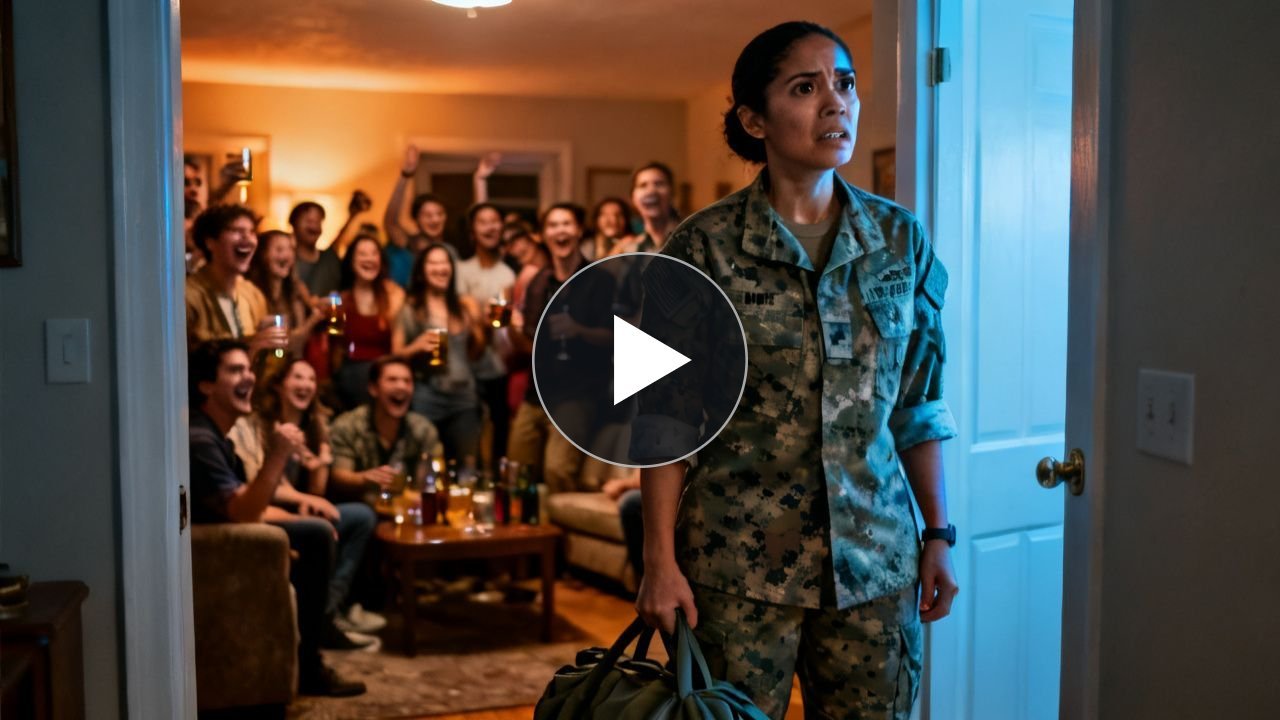 Mujer con uniforme militar entra a su casa con bolso y descubre una fiesta de desconocidos en su sala