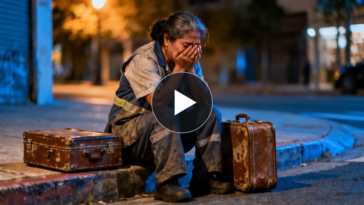 Mujer humilde sentada junto a dos maletas viejas en la acera bajo el sol de mediodía