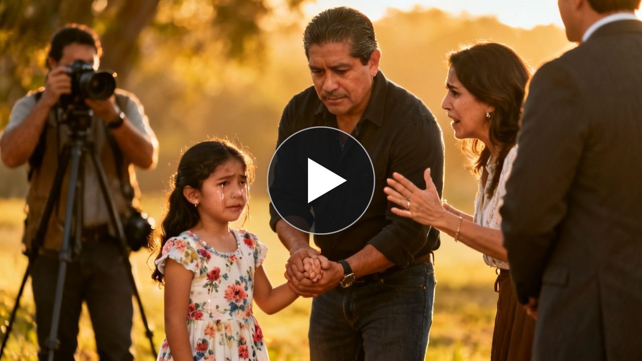 Niña de siete años con vestido de flores color melocotón y dos colitas, parada sola frente a la casa de la finca familiar dur