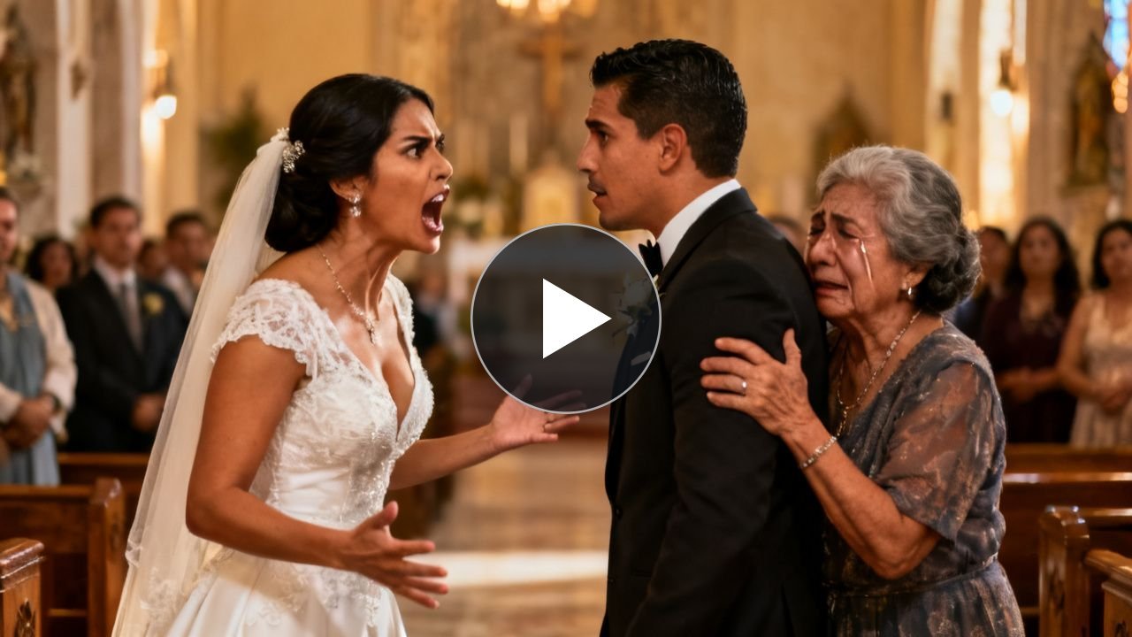 Novio abrazando a su madre frente al altar mientras la novia observa sorprendida en plena boda