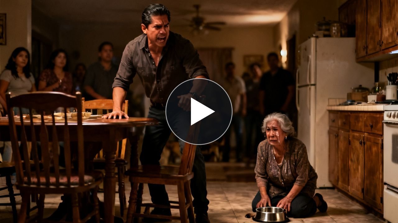 Doña Carmen arrodillada en el suelo de la cocina junto al plato del perro durante la cena