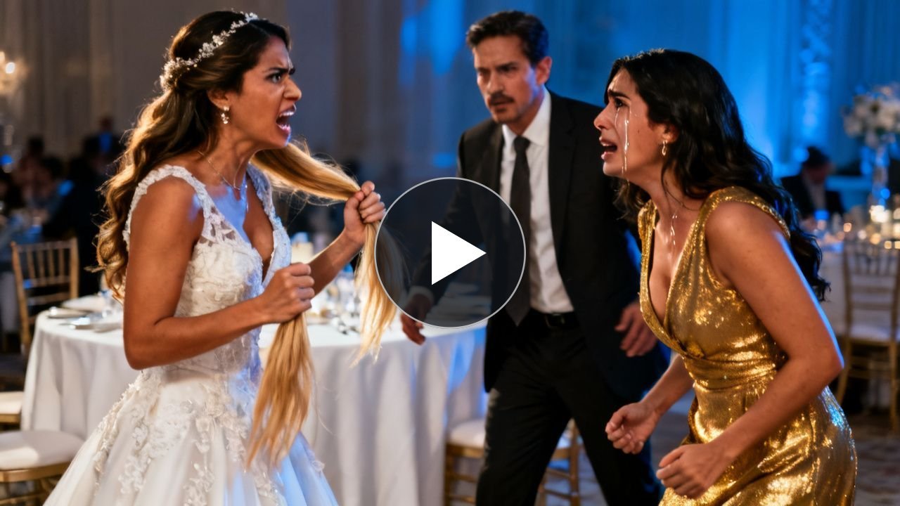 Novia con vestido blanco sostiene un mechón de cabello dorado frente a invitados en una recepción de boda