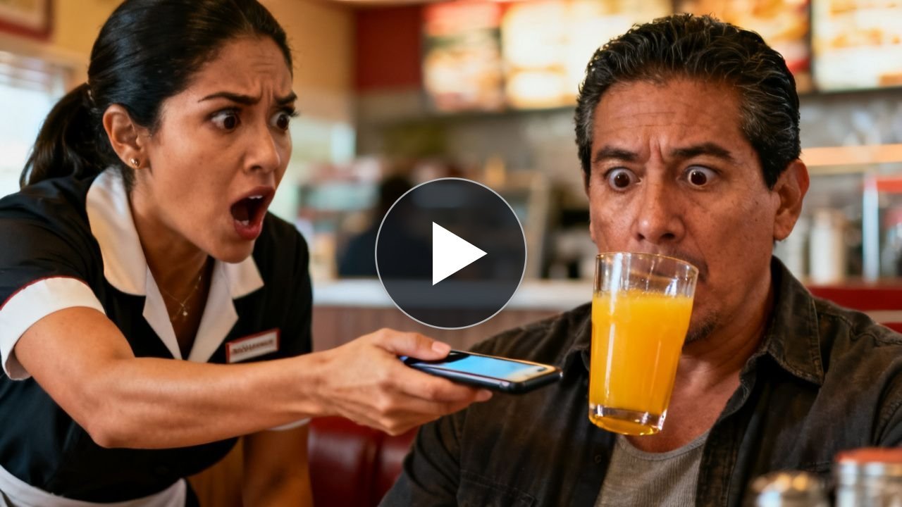 Mesera mostrando la pantalla de su teléfono a un cliente en un desayunador