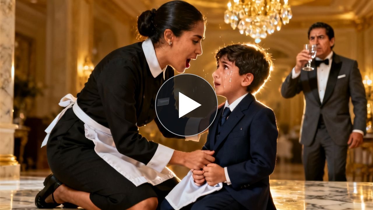 Mujer con uniforme de sirvienta canta una canción de cuna a un niño en una fiesta elegante