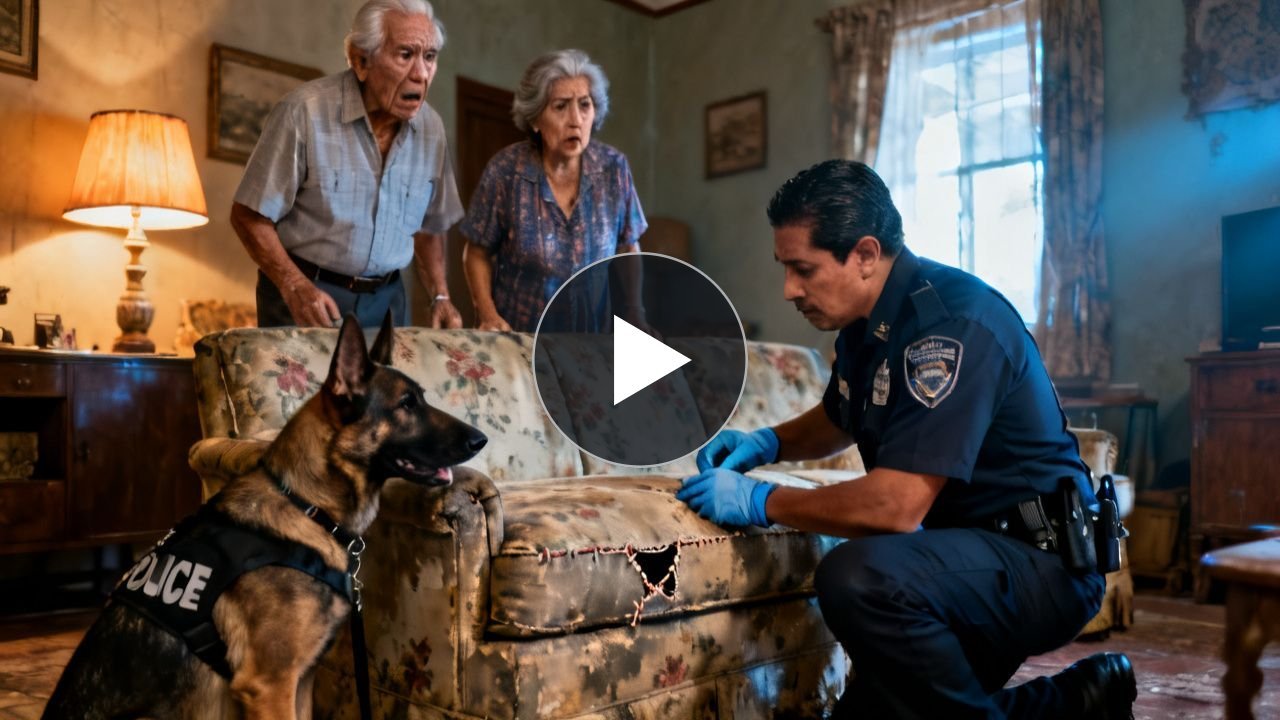 Perro pastor belga K9 olfateando el sofá verde oliva de los abuelos Ríos durante una inspección policial en su casa